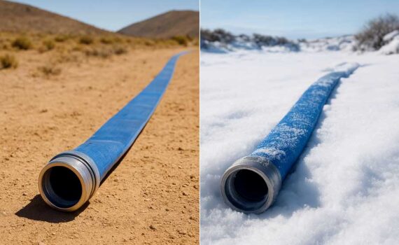 Manguera layflat desplegada en terreno árido bajo el sol