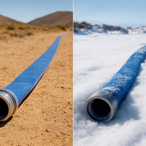 Manguera layflat desplegada en terreno árido bajo el sol